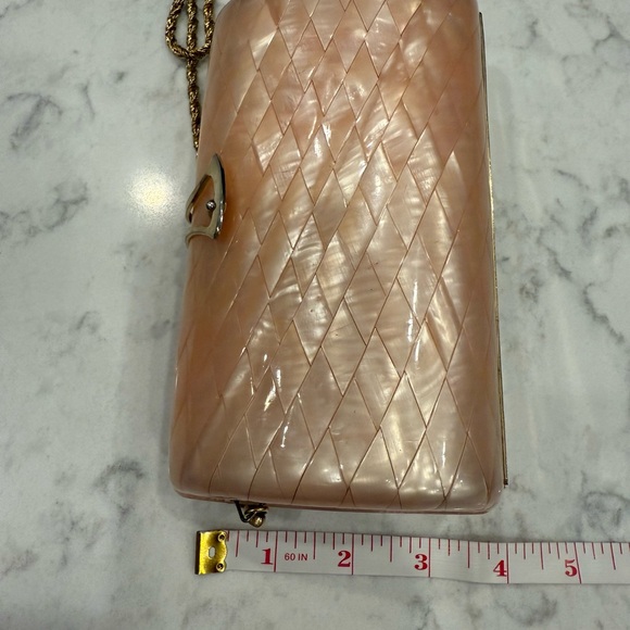 Vintage Delill Italy 1950s Elegant Pink Mother of Pearl Clutch with Gold Chain